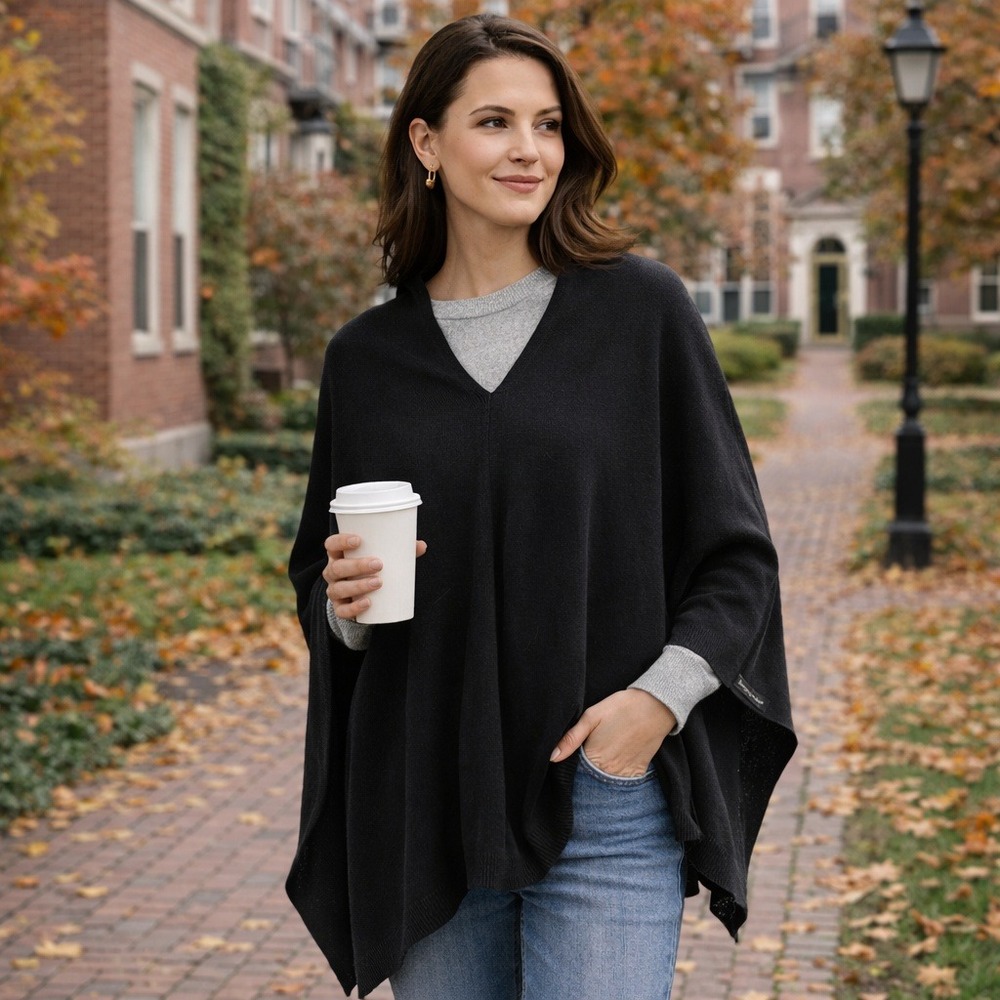 Do Everything in Love Poncho Sweater Black Knit Shawl‎ One Size Anthropologie